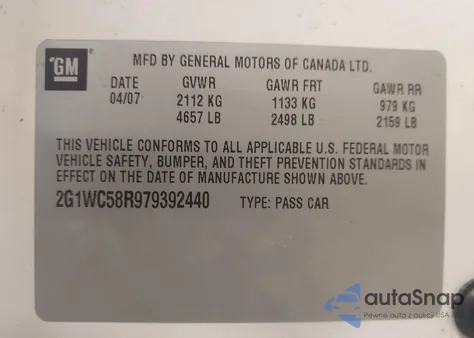 2007 Chevrolet Impala Lt from USA, damaged, VIN 2G1WC58R979392440